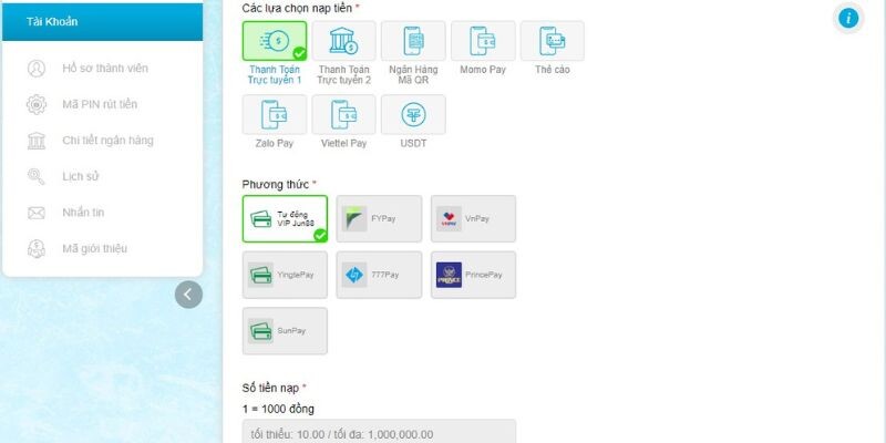 Lựa chọn phương thức và tiến hành nạp tiền vào tài khoản nhà cái Jun88